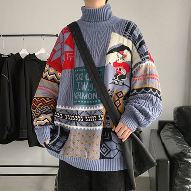 ストリートファッション ストリートファッション レトロ雪山柄パッチワークタートルネック
