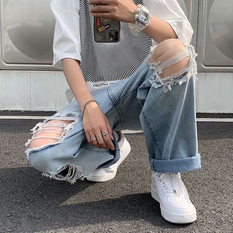 ストリートファッション ダメージ加工オーバーサイズデニムパンツ
