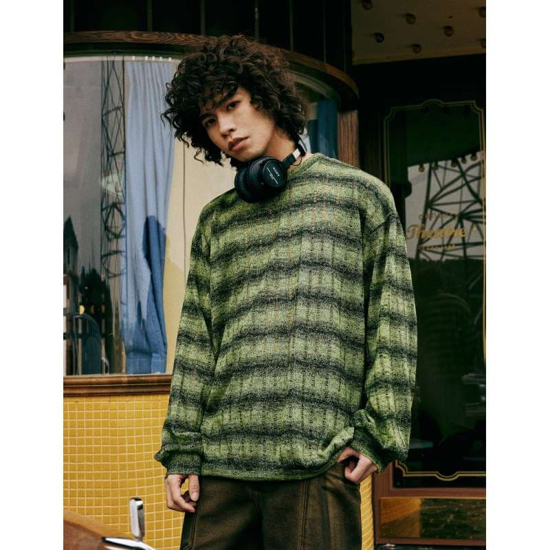 ストリートファッション ボーダー柄オーバーサイズニットセーター