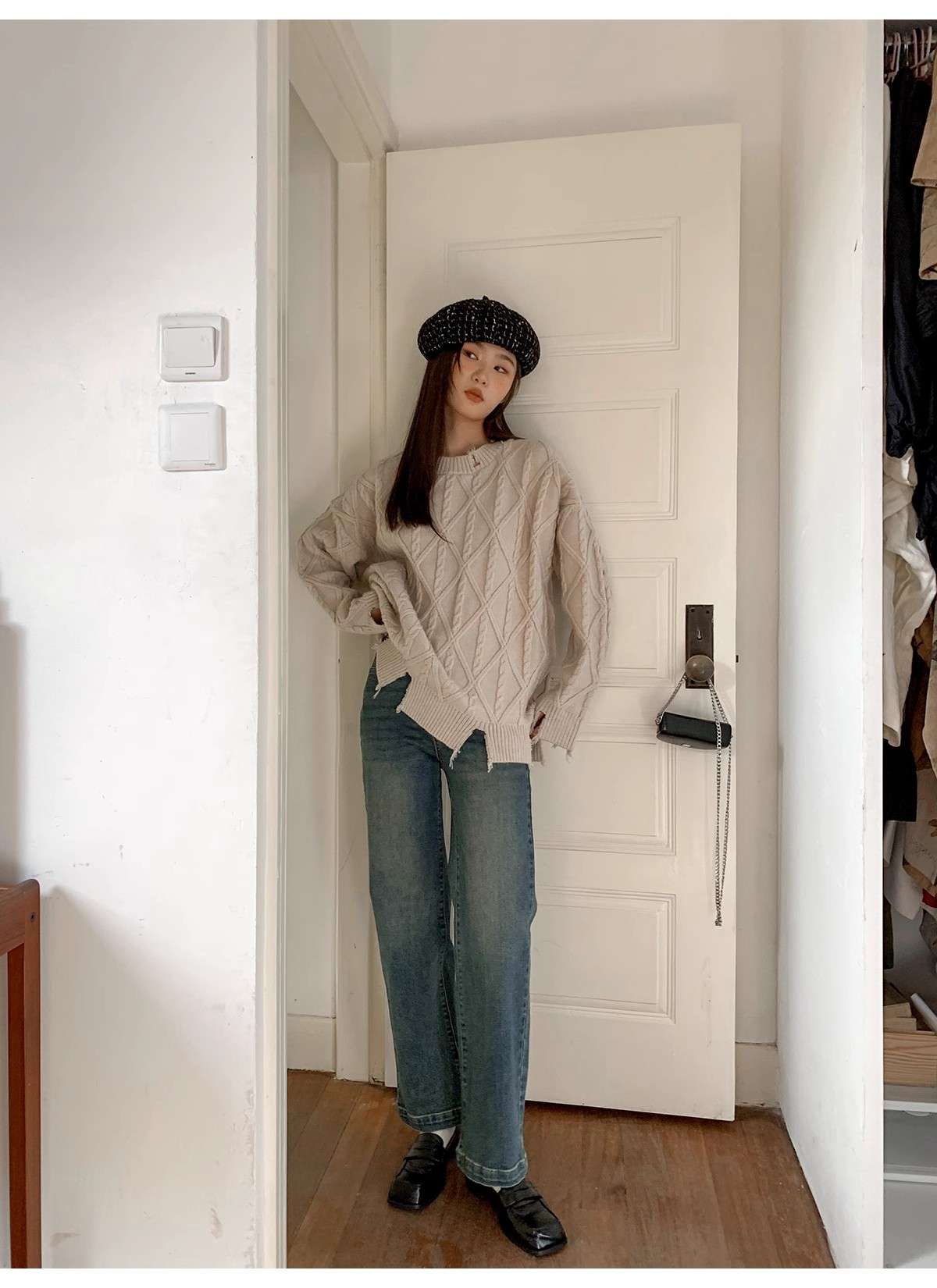 ストリートファッション ふわふわモヘアニットセーター