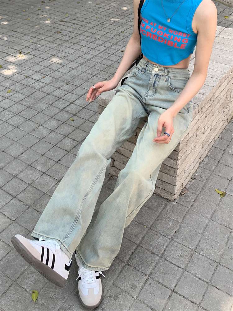 ストリートファッション ゆったりストレートデニムパンツ