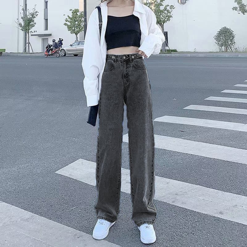 ストリートファッション ワイドレッグストレートハイウエストデニムパンツ