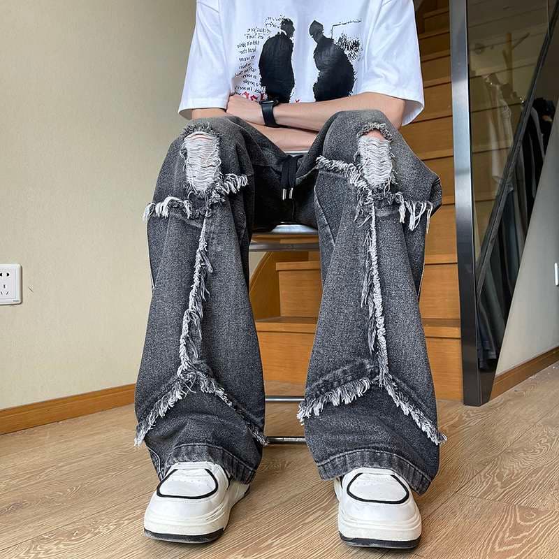 ストリートファッション ダメージ加工ワイドデニムパンツ