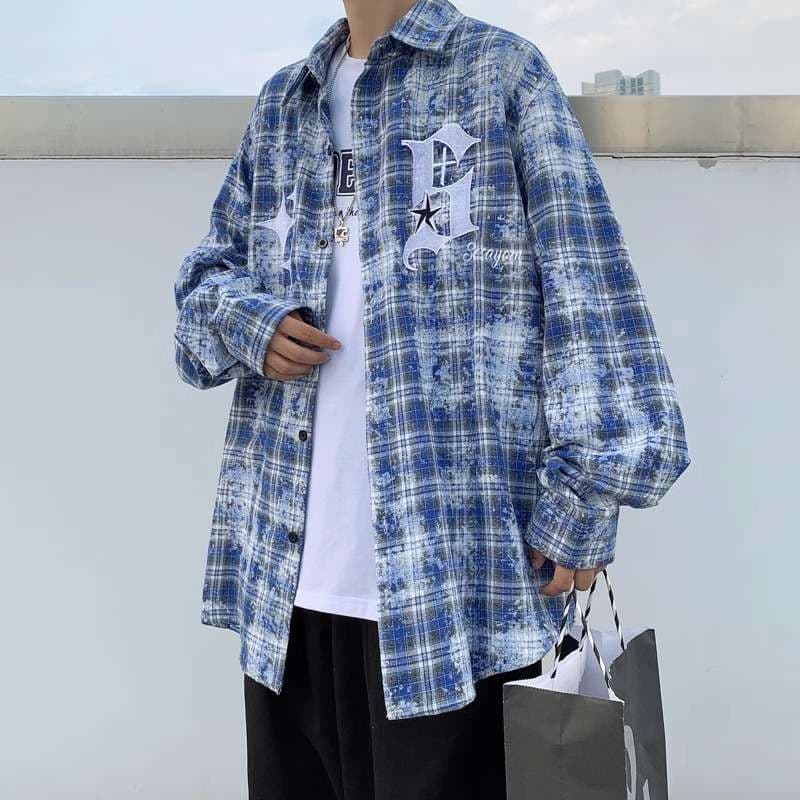 ストリートファッション ビンテージ風デザインオーバーサイズチェックシャツ