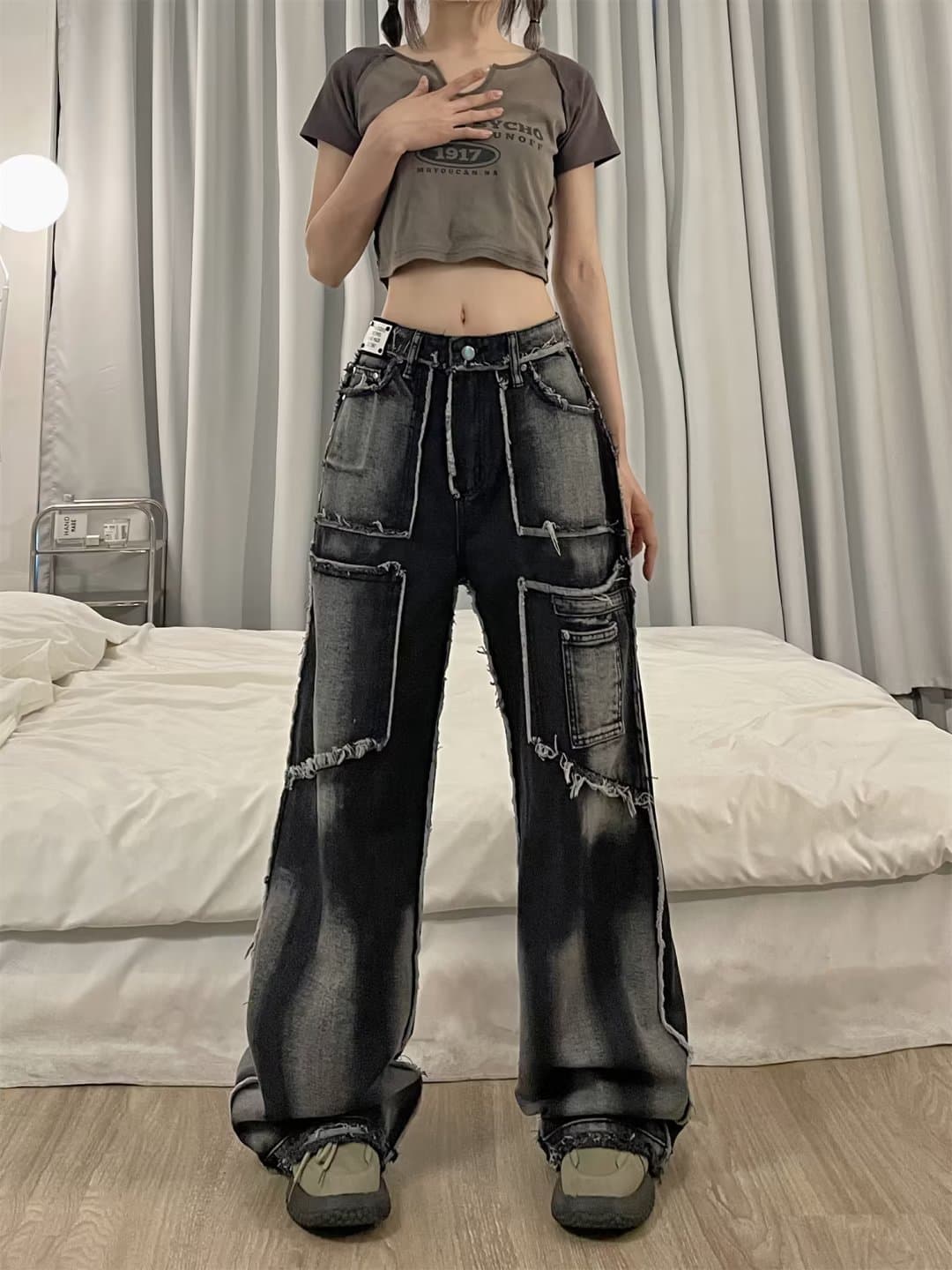 ストリートファッションデニム 多重ポケット立体デザインワイドデニムパンツ