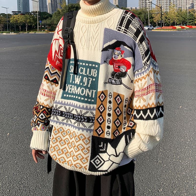 ストリートファッション ストリートファッション レトロ雪山柄パッチワークタートルネック