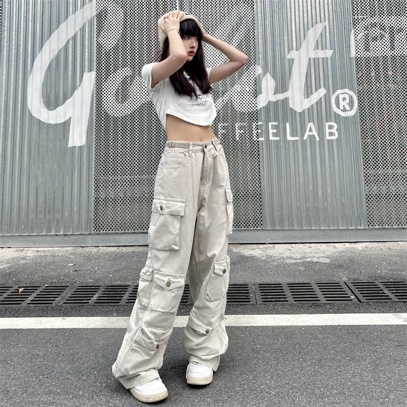 ストリートファッション 多機能ポケット付きワイドカーゴパンツ