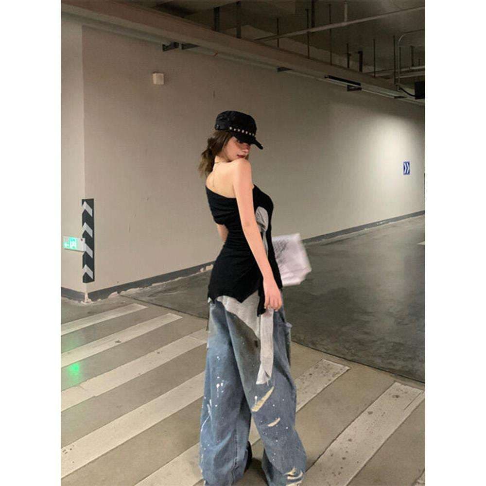 ストリートファッション オフショルダー数字ロゴTシャツ