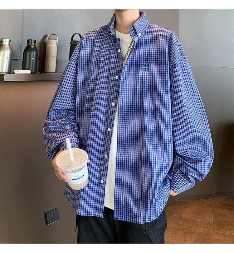 ストリートファッション ゆったりシルエットチェック柄シャツ