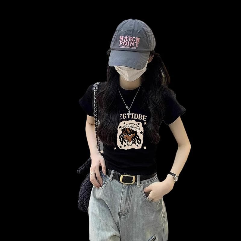 ストリートファッション ストリートアートプリント半袖Tシャツ