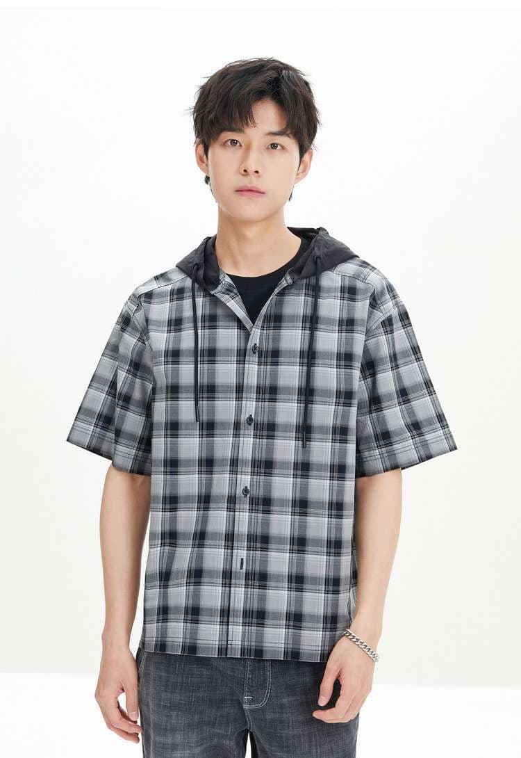 ストリートファッション フード付きチェック柄半袖シャツ