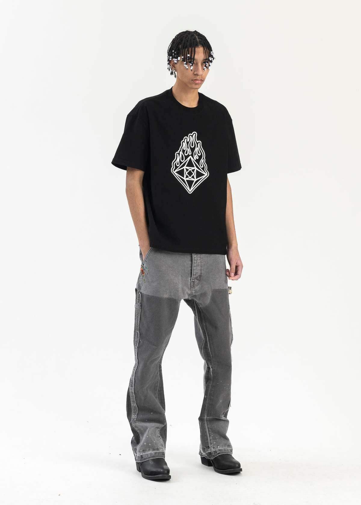 ストリートファッション 燃える宝石モチーフプリントTシャツ