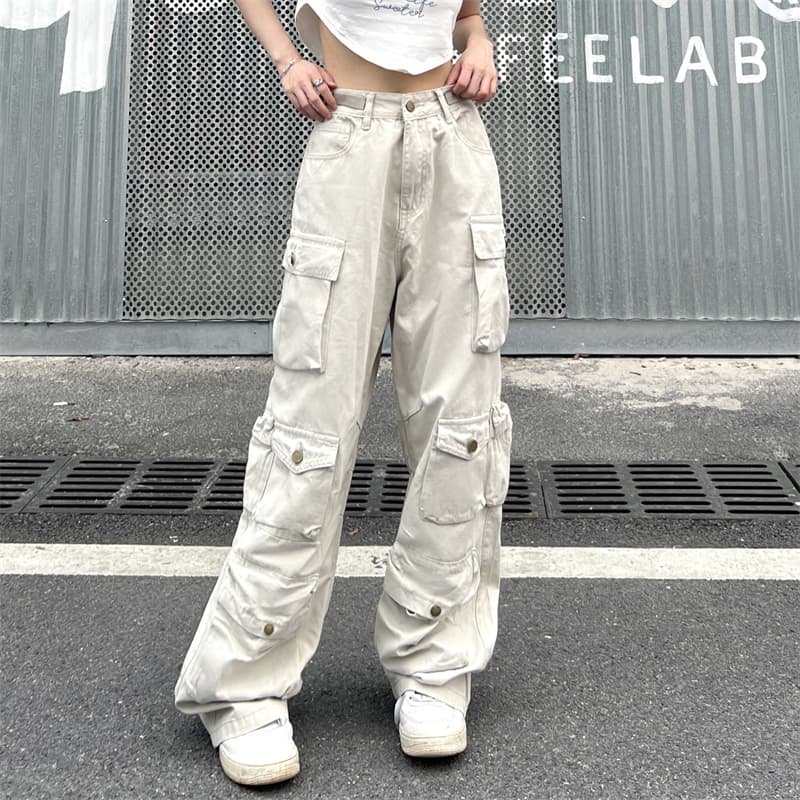 ストリートファッション 多機能ポケット付きワイドカーゴパンツ