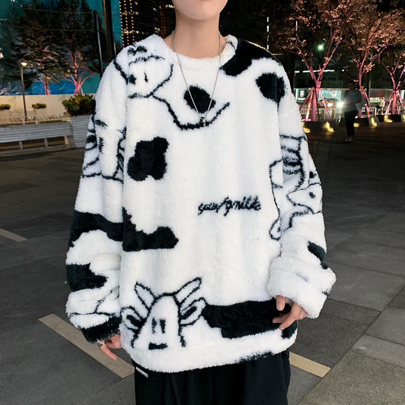 ストリートファッション モコモコ抽象柄ボアニット