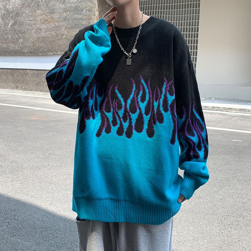 ストリートファッション ストリートファッション 炎模様デザインニット