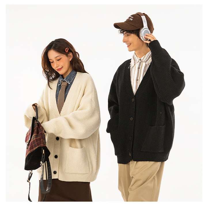 ストリートファッション オーバーサイズリブ編みカーディガン
