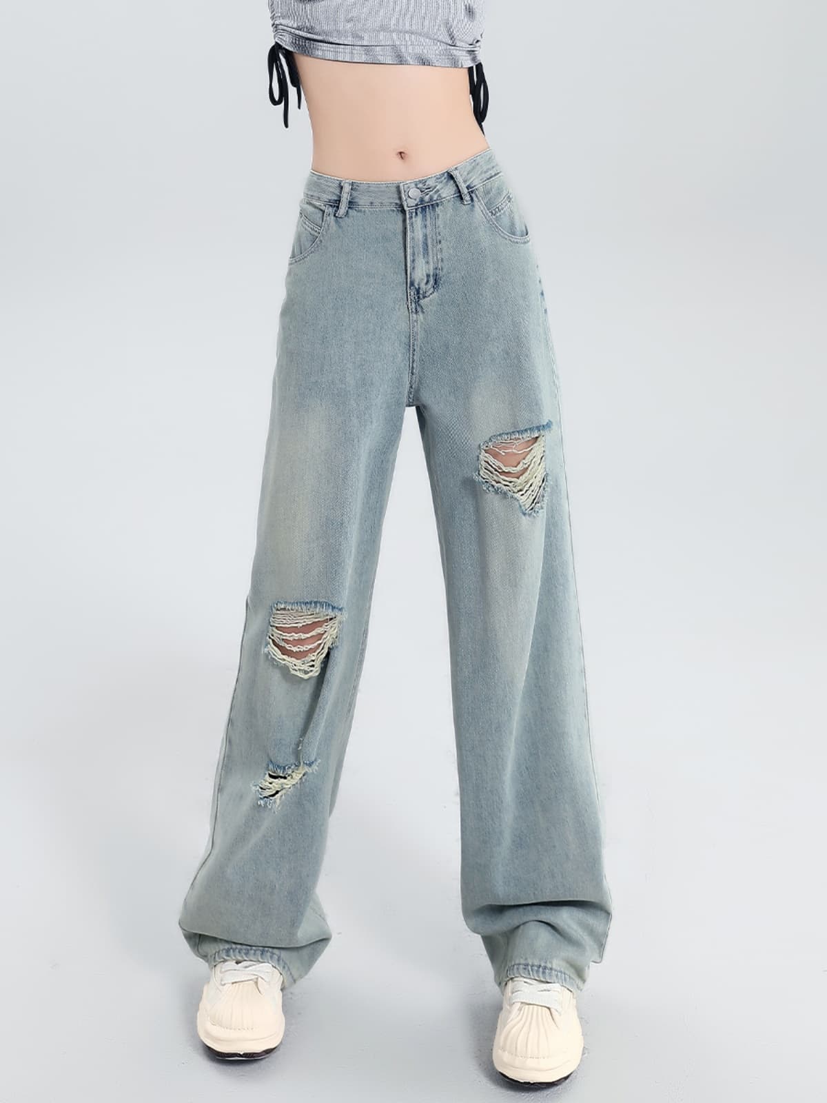 ストリートファッション ダメージワイドデニムパンツ