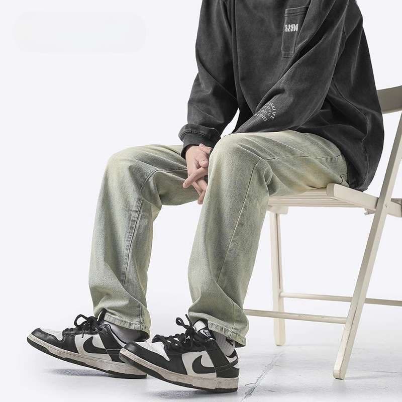 ストリートファッション ゆったりストレートデニムパンツ