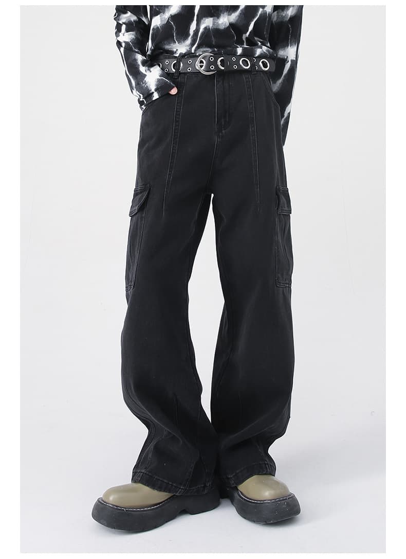 ストリートファッション 多機能カーゴポケット付きワイドデニムパンツ