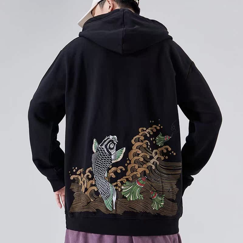 ストリートファッション 和風鯉刺繍オーバーサイズ裏起毛プルオーバー