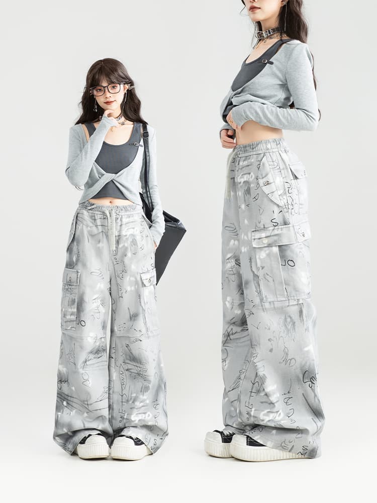 ストリートファッション アート柄ワイドシルエットカーゴパンツ
