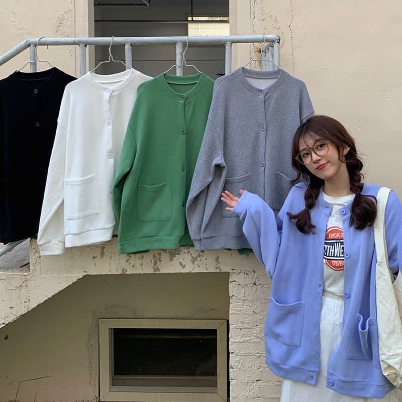 ストリートファッション ゆったりオーバーサイズ丸首ボタンカーディガン