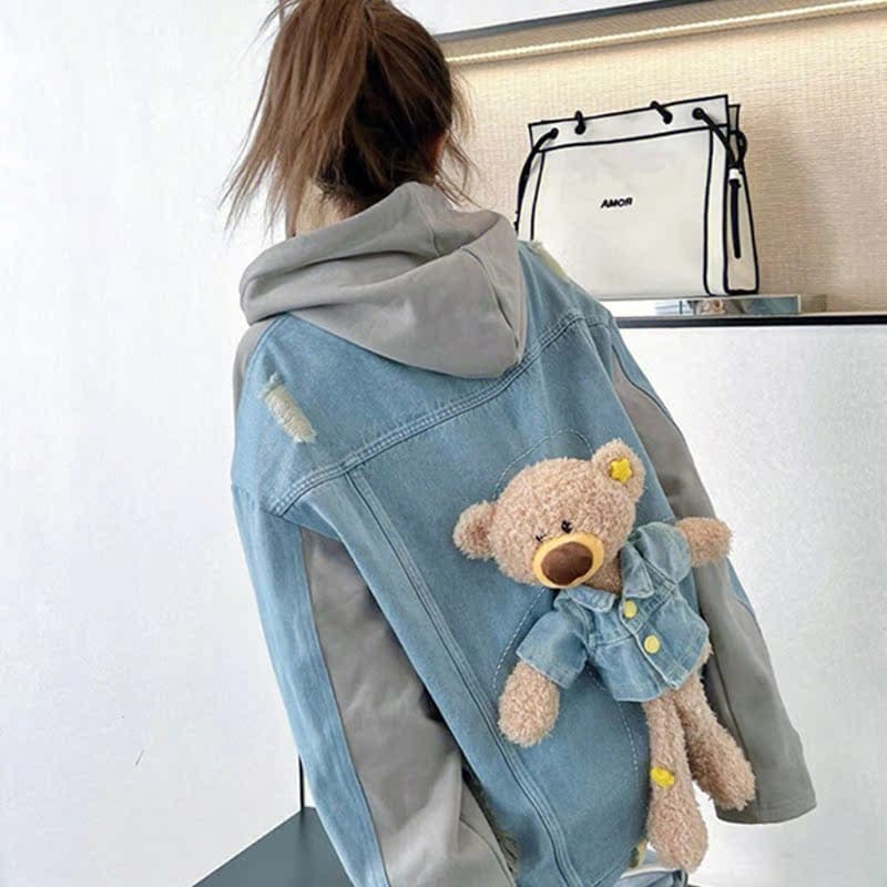 ストリートファッション 切替えデニムジャケット風かわいい熊刺繍パーカー