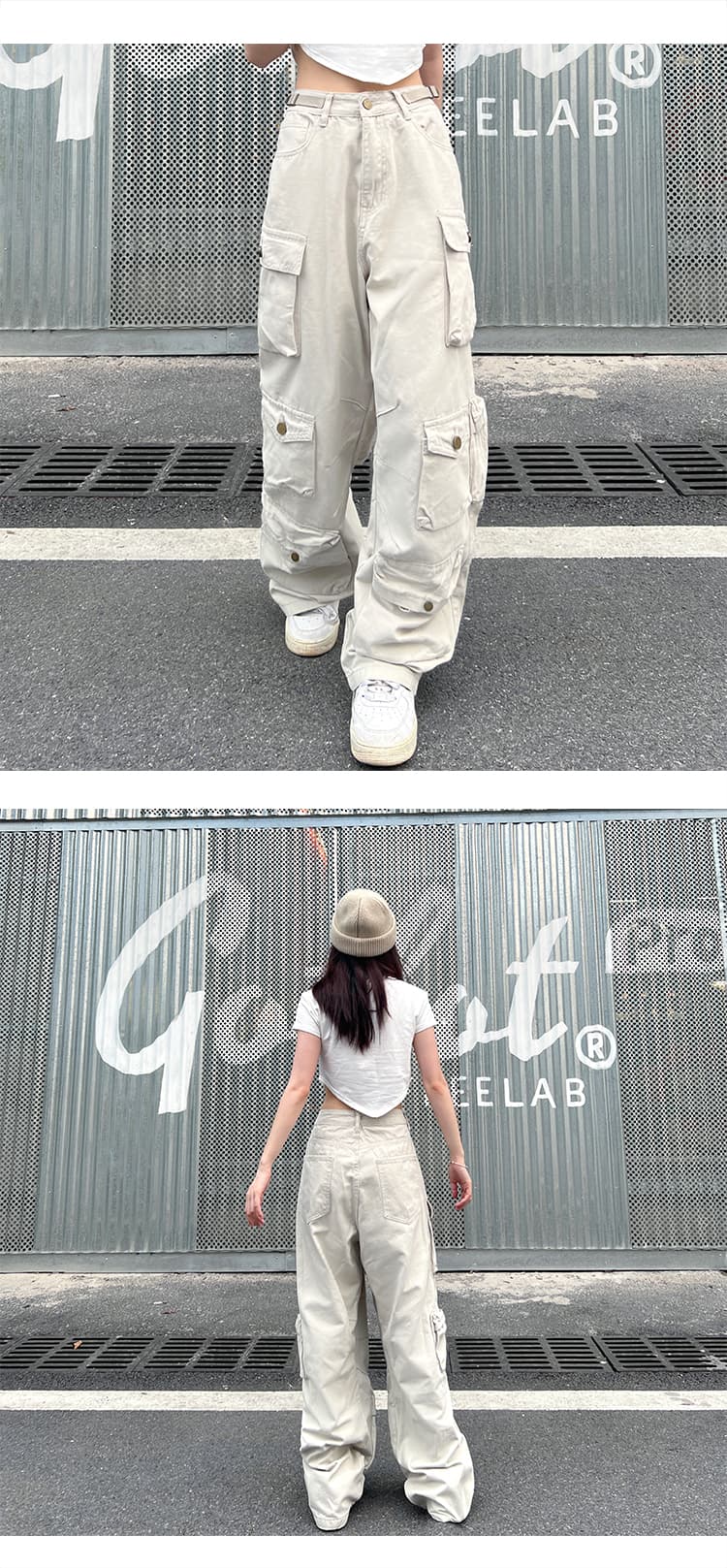 ストリートファッション 多機能ポケット付きワイドカーゴパンツ