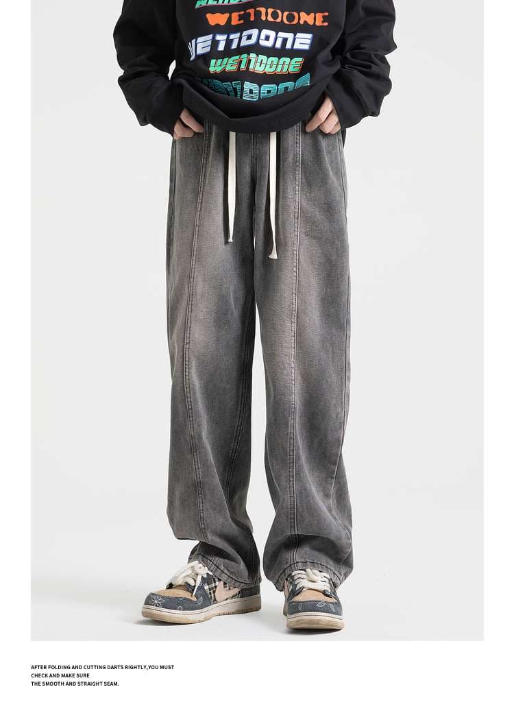 ストリートファッション ゆったりストレートデニムパンツ