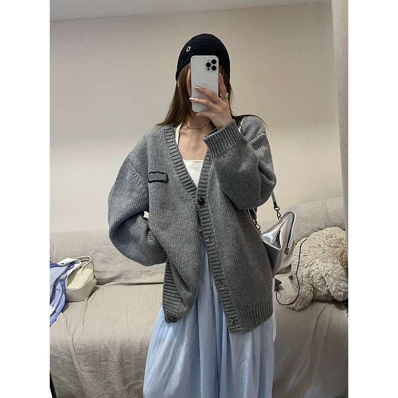 ストリートファッション オーバーサイズリブ編みカーディガン