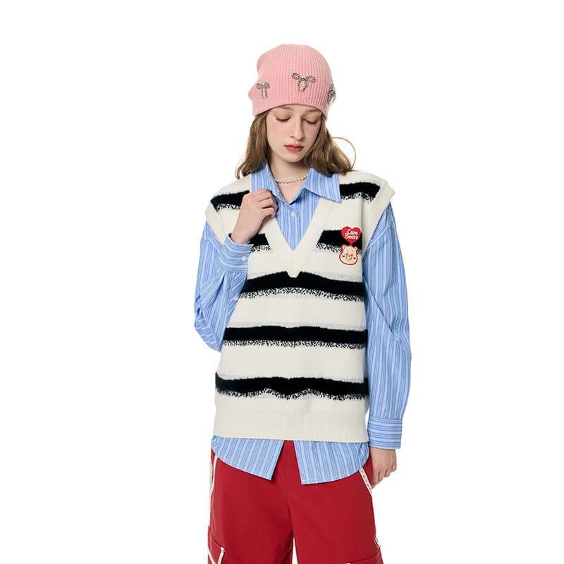 ストリートファッション レトロポップ ストライプ柄ベスト