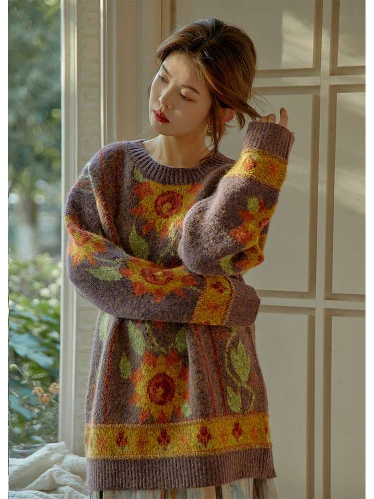 ストリートファッション 花模様のふわふわニットセーター