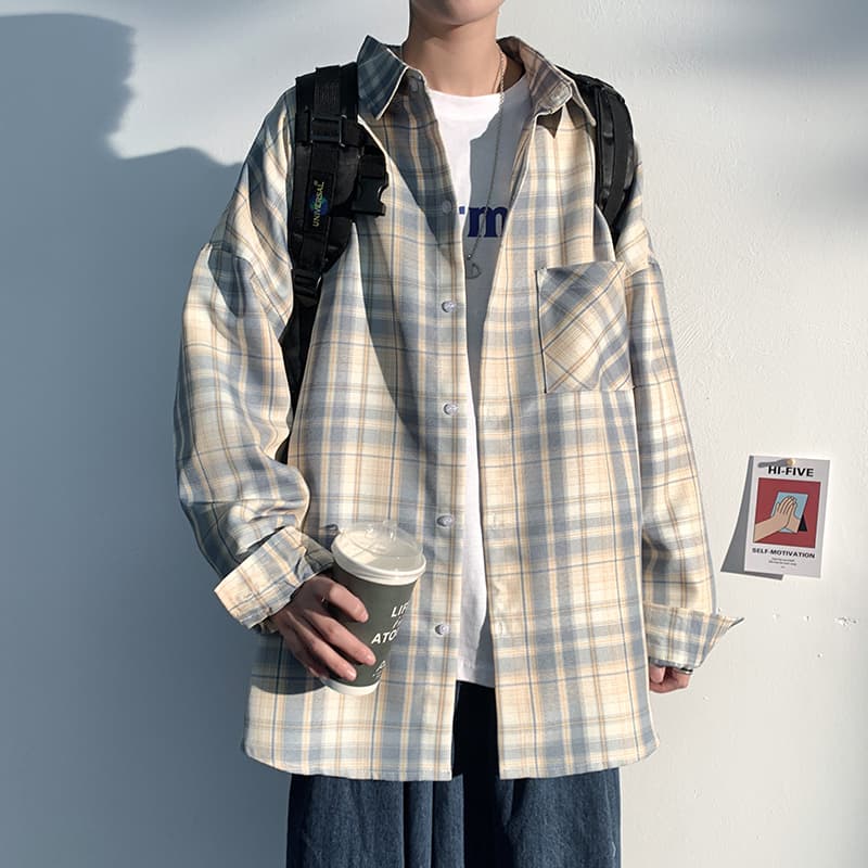 ストリートファッション オーバーサイズゆったりチェック柄長袖シャツ