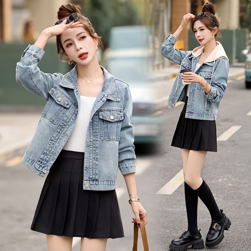 ストリートファッション クラシック胸ポケット付きデニムジャケット