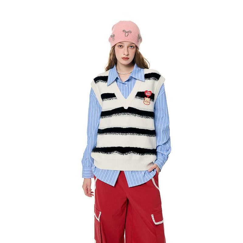 ストリートファッション レトロポップ ストライプ柄ベスト