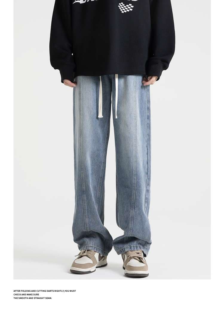 ストリートファッション ゆったりストレートデニムパンツ