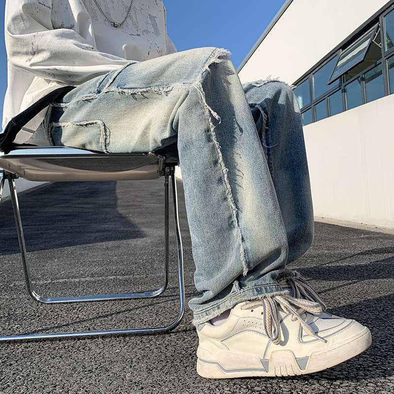 ストリートファッション ダメージ加工ルーズフィットデニム