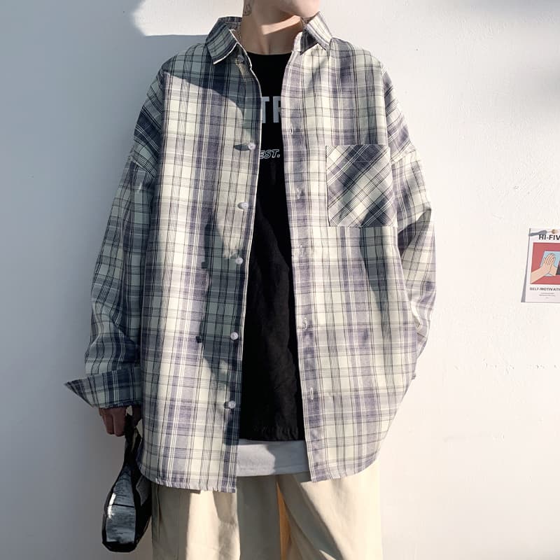 ストリートファッション オーバーサイズゆったりチェック柄長袖シャツ