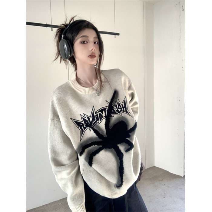 ストリートファッション 
 クモ柄オーバーサイズニットセーター