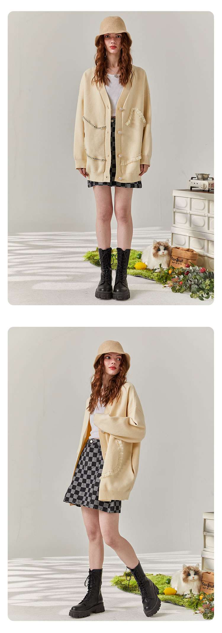 ストリートファッション フリルポケット付きオーバーサイズカーディガン