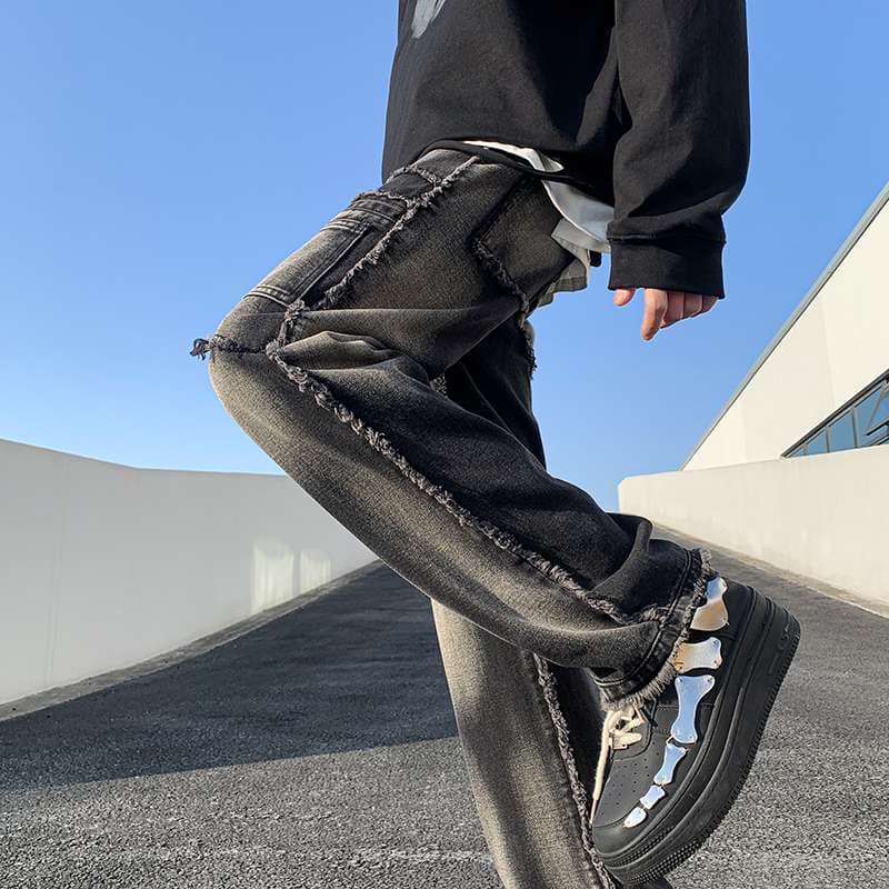 ストリートファッション ダメージ加工ルーズフィットデニム