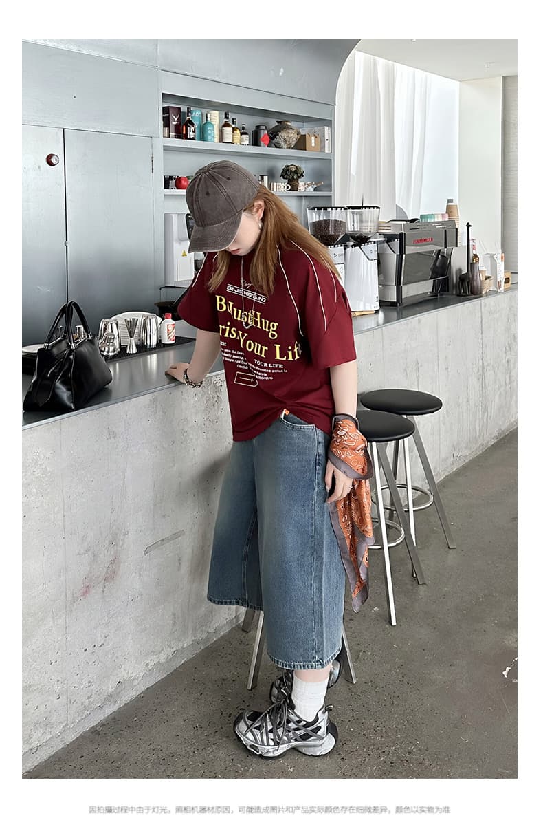 ストリートファッション ゆったりワイドデニムハーフパンツ