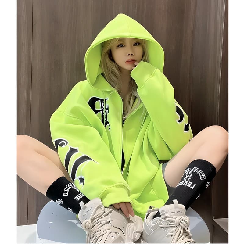 ストリートファッションパーカー ゴシック文字刺繍入りジップアップパーカー