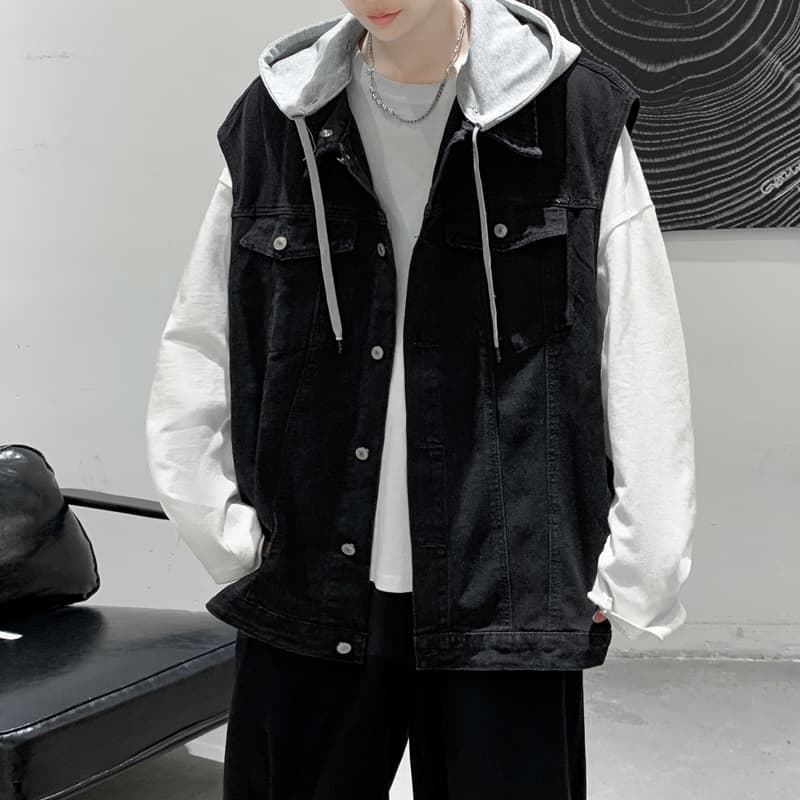 ストリートファッション ストリートファッション 重ね着風フード付きデニムベスト