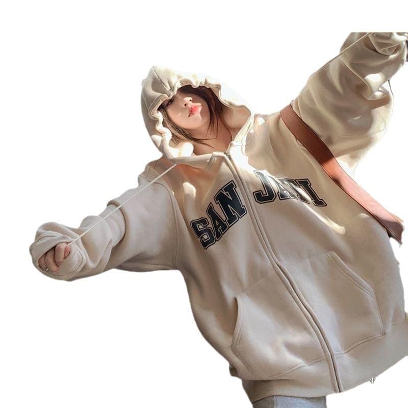 ストリートファッション カレッジロゴ刺繍ビッグシルエットジップアップ　パーカー