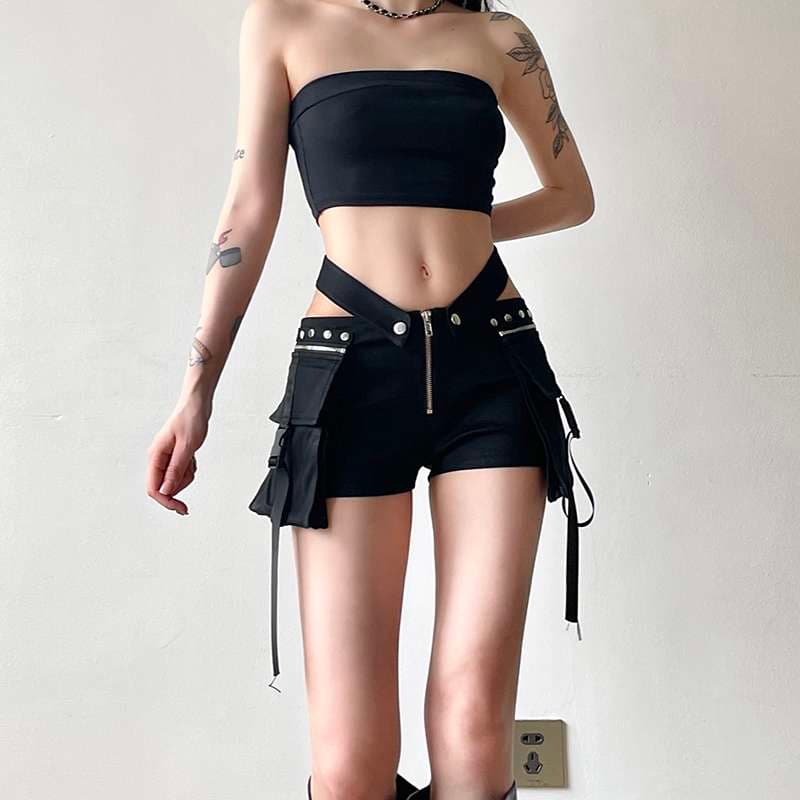 ストリートファッション ゴシックパンク風ストラップ付きショートパンツ