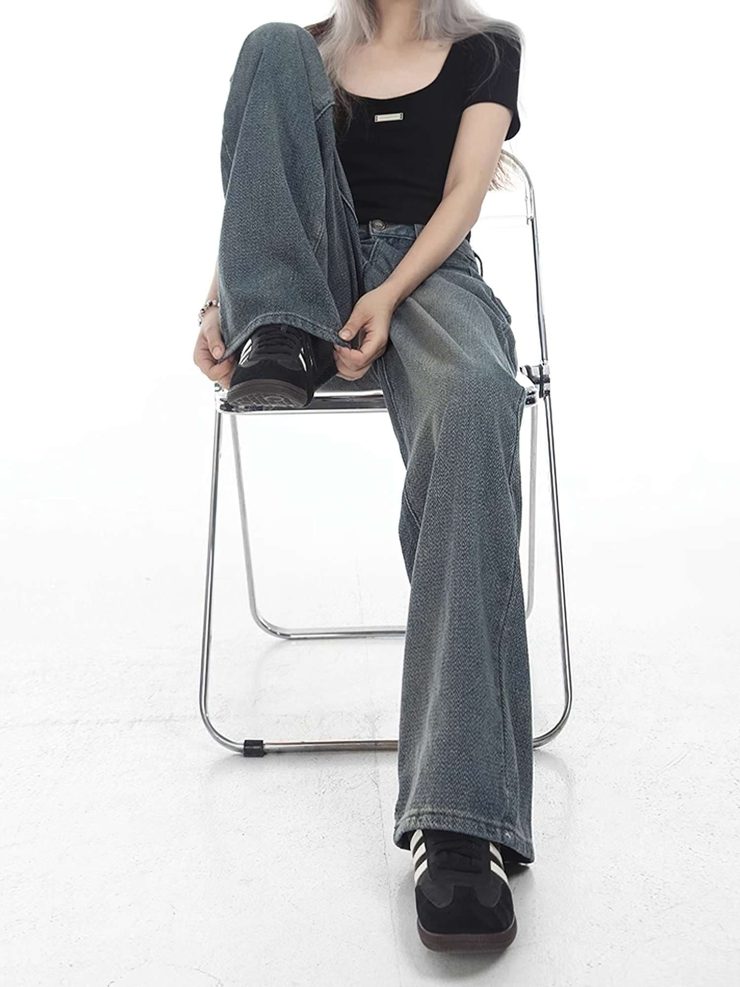 ストリートファッション ハイウエストワイドレッグデニムパンツ