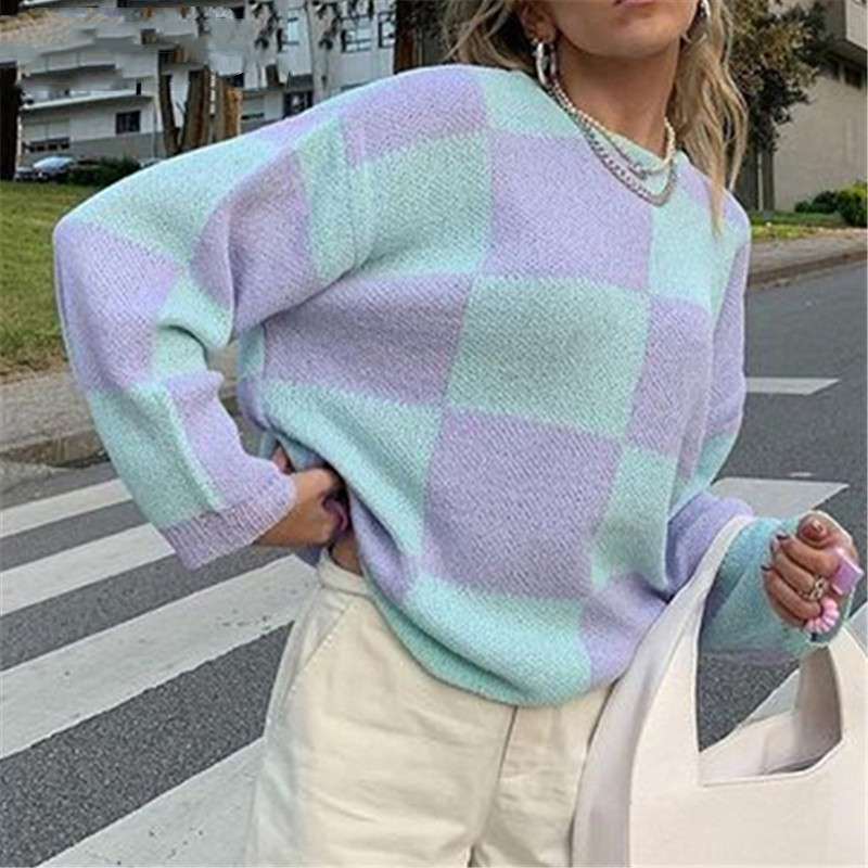 ストリートファッション パステルチェック柄オーバーサイズニット