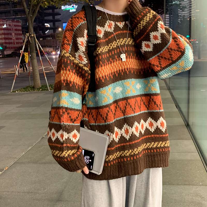 ストリートファッション 民族風模様のゆったりニットセーター