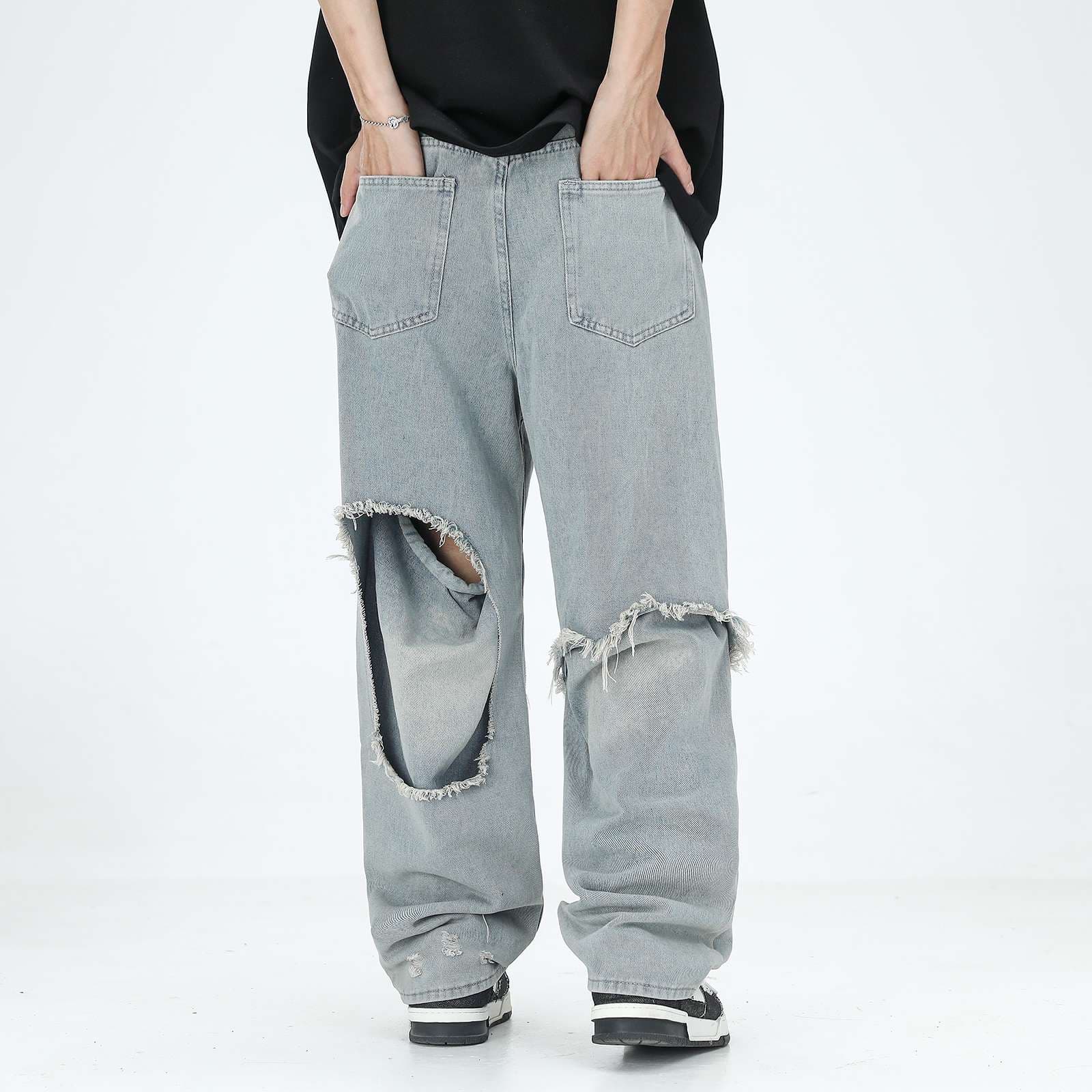 ストリートファッション ダメージ加工オーバーサイズデニムパンツ